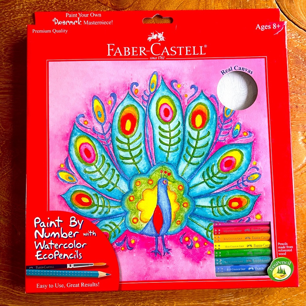FaberCastell NWT Peacock Paint By Number Kit; real canvas w/“paint in pencils”